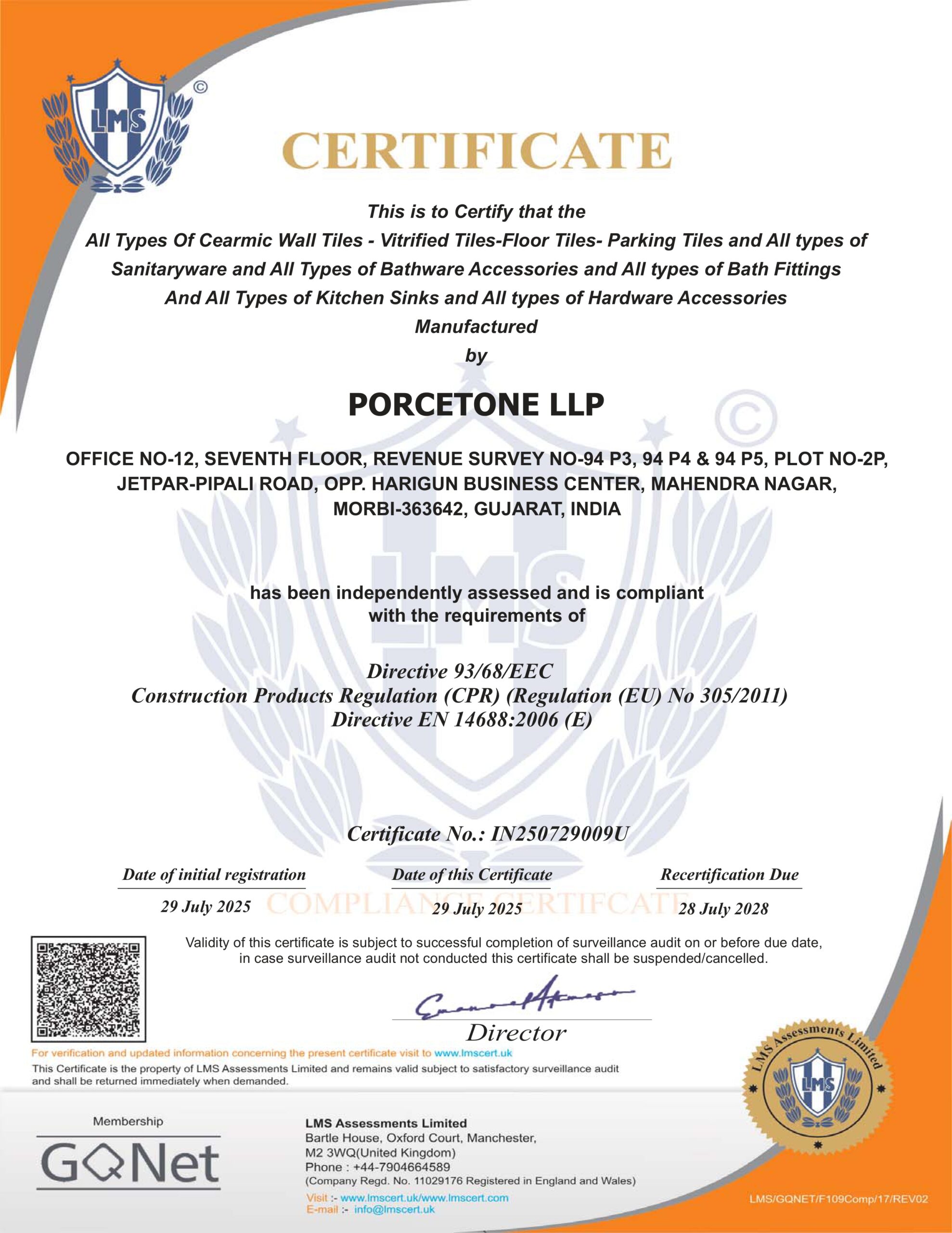 Porcetone Tiles LLP CE Certificate – European Standard Porcelain and Ceramic Tiles