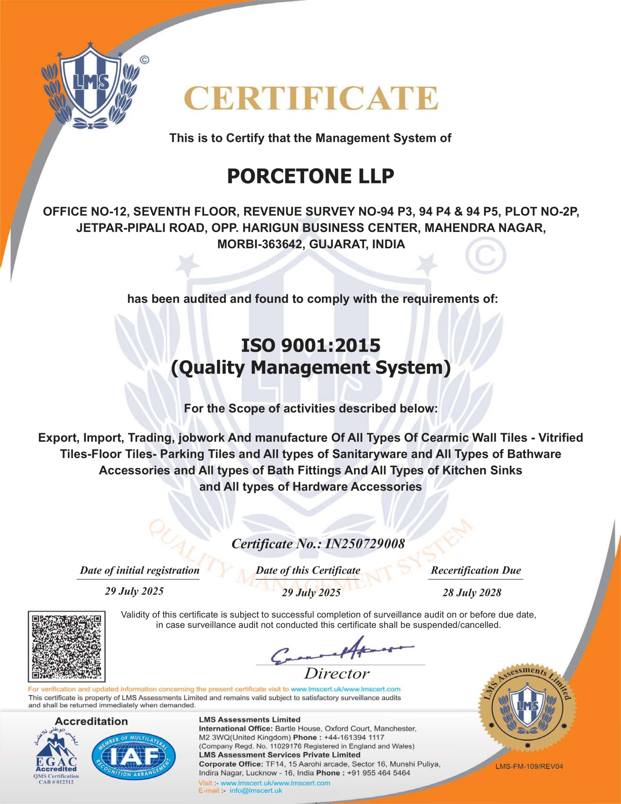 ISO 9001:2015 Certified Porcelain Tiles Manufacturer India – Porcetone Tiles